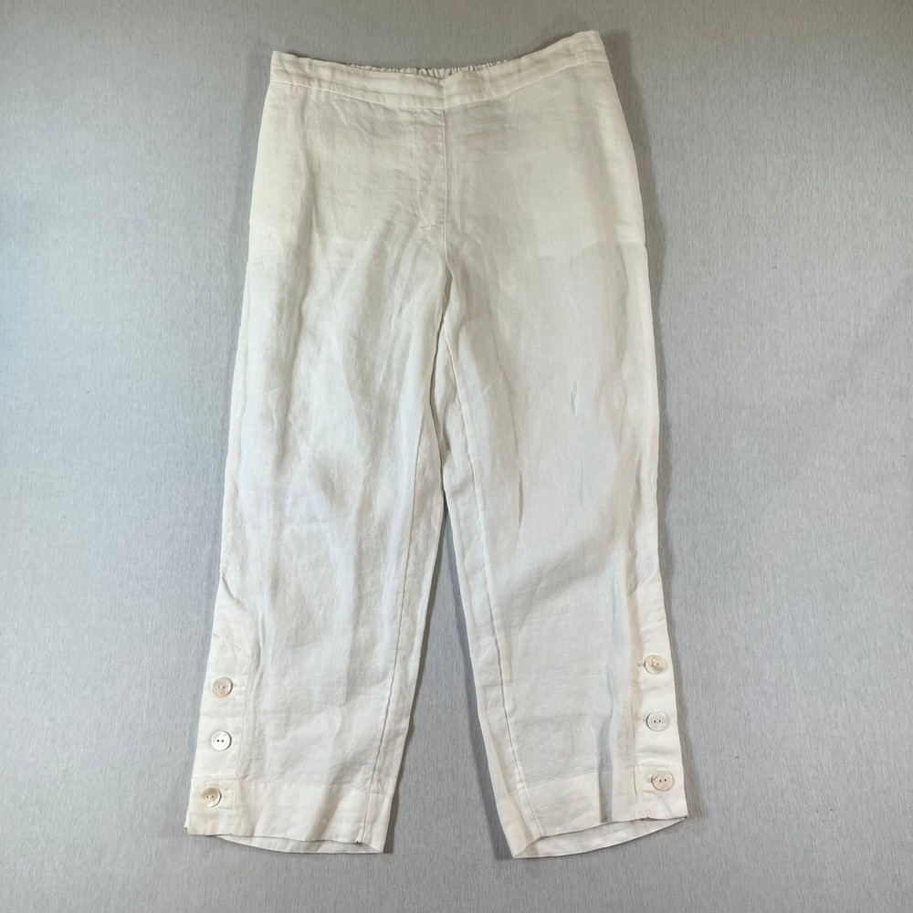 Chicos Pull On Pants 0.5 US 6 100% Linen Cropped 3 Button Ankle Stretch Comfy